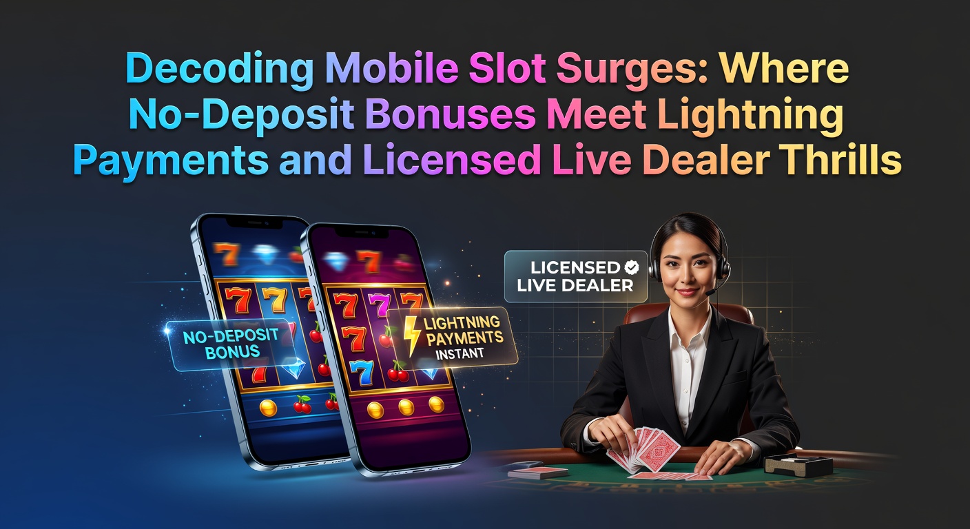 Mobiele gokkast met no-deposit bonus en snelle uitbetaling op een smartphone-scherm, omringd door live dealer elementen