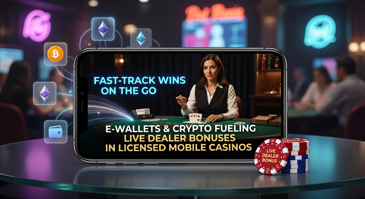 Smartphone met live dealer spel en crypto wallet icoon op een dynamische casino achtergrond