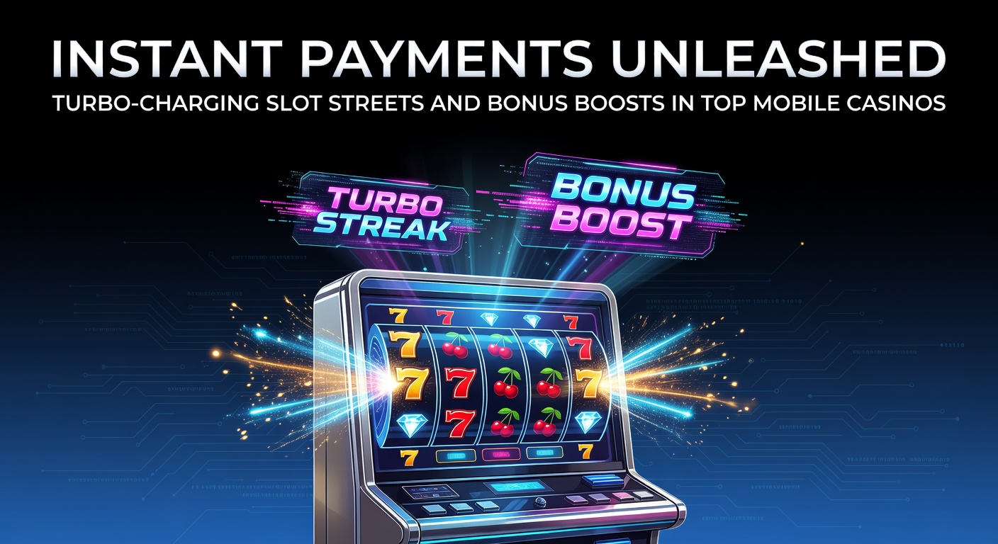 Smartphone met glowende slotmachine en bliksemsnelle betaaliconen, symboliserend instant transacties in mobiele casinos