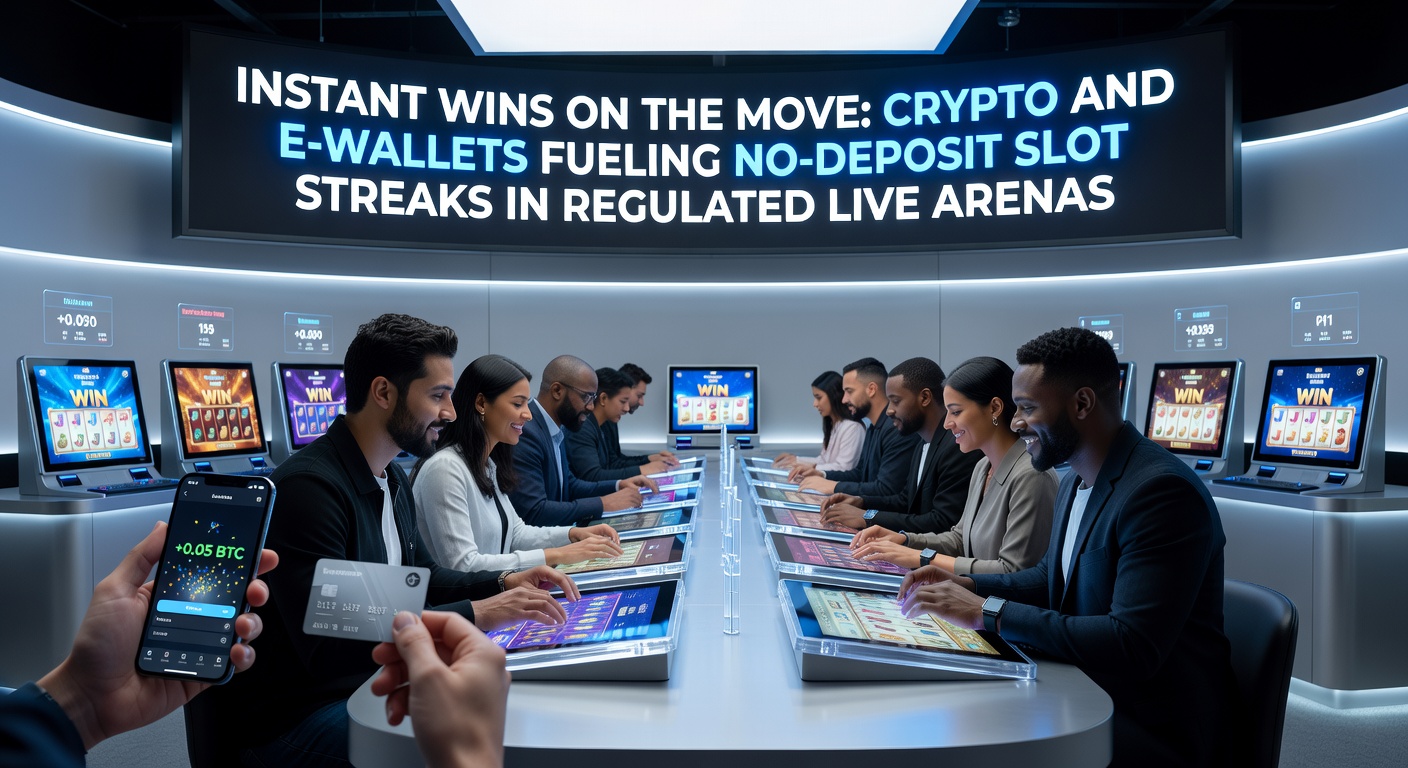 Mobiele speler geniet van instant win op slot met crypto betaling op achtergrond van live casino arena
