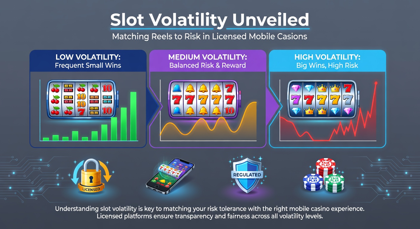 Grafiek met volatiliteitcurves voor laag, medium en hoogvolatie slots op een smartphone in een Nederlands mobiel casino